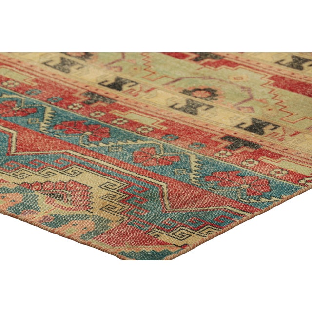 Rug and Kilim’s Distressed Style Rug in Warm Polychromatic Geometric Patterns For Sale In New York - Image 6 of 7