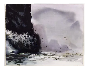 Doug Lew "Gull Cliffs" Hand Signed Original Watercolor Painting, Sea