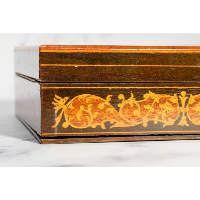 Intricate Patterned Large Antique Victorian Grand Tour Sorrento Ware Inlaid Wood Trinket Jewelry Box For Sale - Image 12 of 15