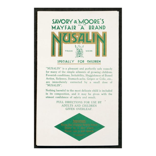 1920s British Advertising Pamphlet Nusalin: Specially for Children, Savory & Moore's Mayfair "A" Brand (Matted) For Sale