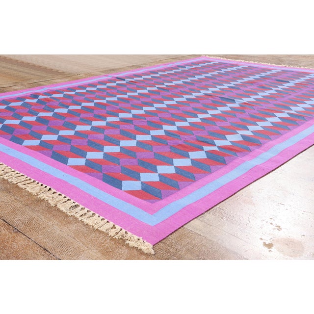 Sky Blue Vintage Indian Dhurrie Rug, 06'00 X 09'00 For Sale - Image 8 of 10