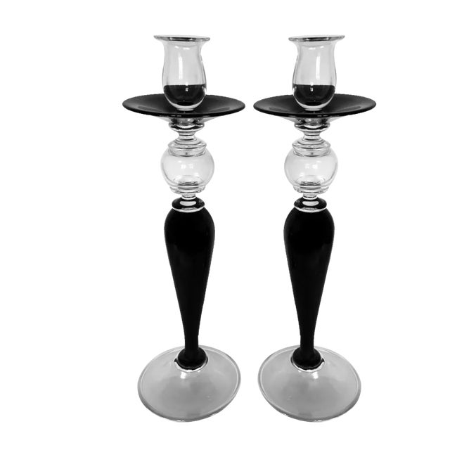 Art Deco Italian Black Crystal Candlesticks, 1985, Set of 2 For Sale