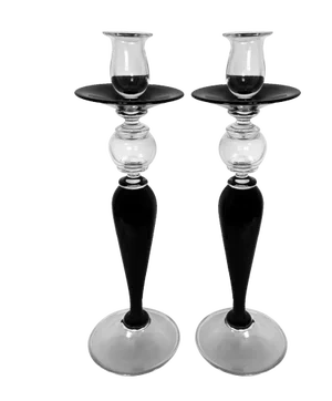 Art Deco Italian Black Crystal Candlesticks, 1985, Set of 2