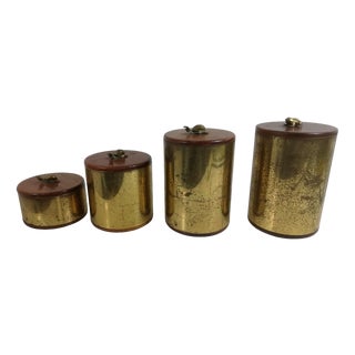 Vintage Brass and Wood Jars, Italy, 1950s, Set of 4 For Sale