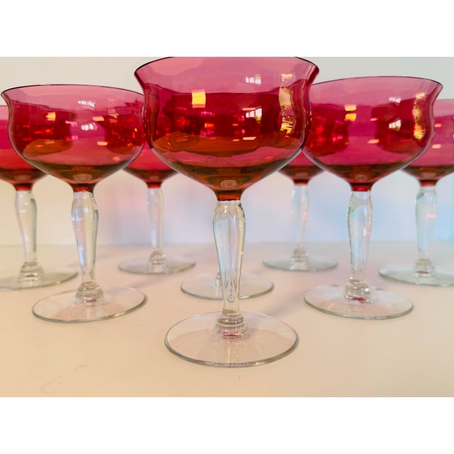 Vintage 1960s Cranberry Iridescent Glass Coupe Stems, Set of 8 For Sale In Boston - Image 6 of 7