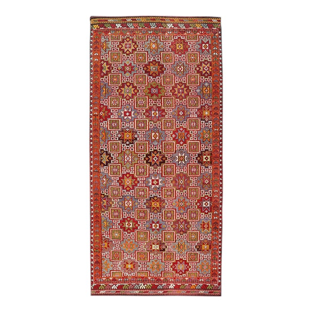 Vintage Turkish Kilim Rug With Rich Red and Multicolor Motif Design 4'6" X 10'2" For Sale