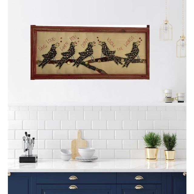 2000 - 2009 “Sing Loud When You Don’t Know the Words” – Vintage 2005 Folk Art Textile by Mary Teeter | Embroidered Button Collage For Sale - Image 5 of 12