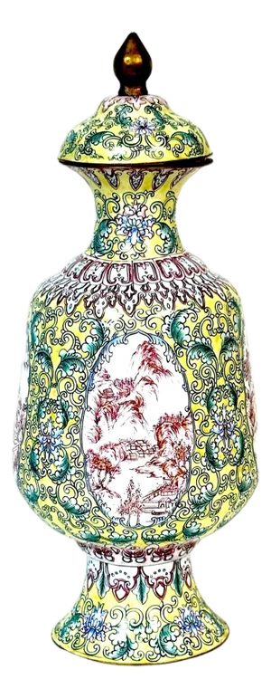 Chinese Canton Enamel Baluster Vase & Cover with 4 Landscape Reserves, 20th C.