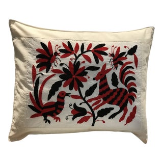 Red and Black Mexican Tenango Hand Embroidered Pillow Cover For Sale