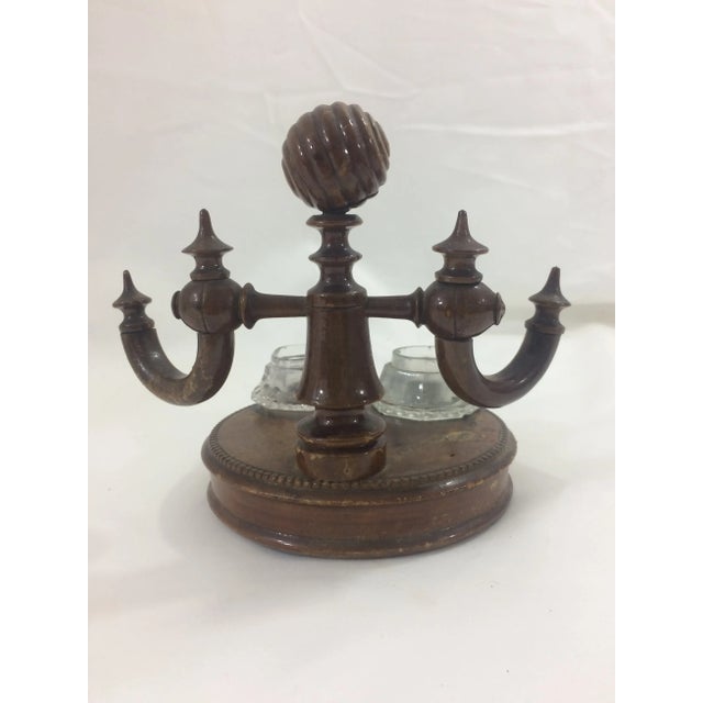 Carved, burled walnut finial with carved moveable pen holder. ca. 1890, French.