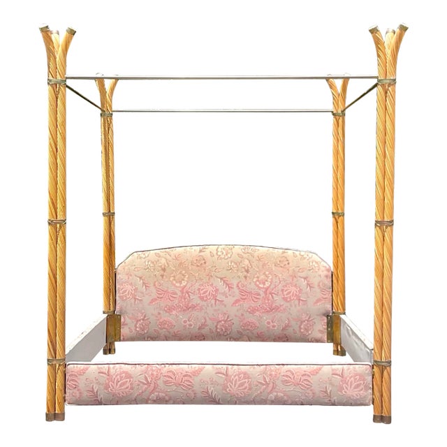 Vintage Coastal Twisted Pencil Reed and Brass King Canopy Bed For Sale