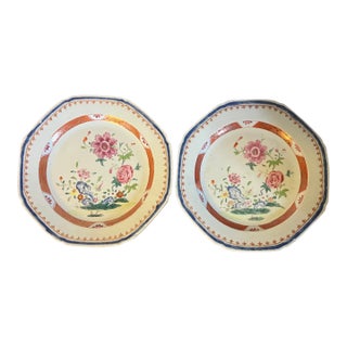 Antique 18th Century Chinese Export Porcelain Octagonal Plates Decorated With Peonies in Famille Rose Palette - A Pair For Sale