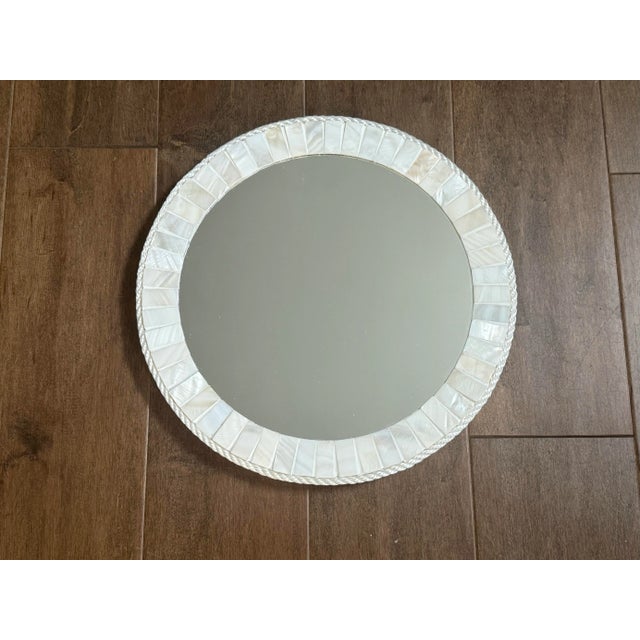 White Oyster Shell Inlay Round Mirror, as in Bone Mirror; For Wall or TableTop, Handmade For Sale - Image 9 of 12