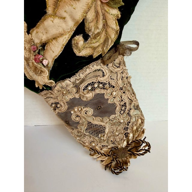 Handmade Victorian Style Emerald Green Velvet Christmas Stocking With Cherub & Lace For Sale - Image 10 of 13