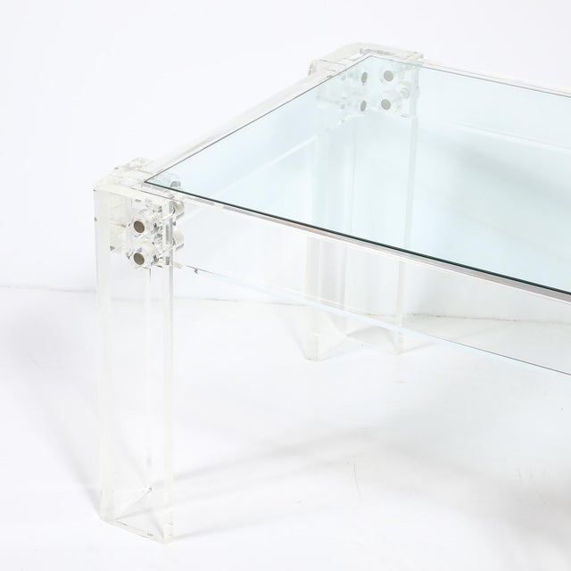 1970s Pair of Mid-Century Modernist Rectilinear Lucite & Glass Side/End Tables For Sale - Image 5 of 18