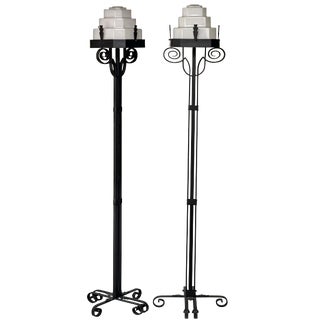 Custom Vintage Art Deco Wrought Iron Floor Lamps With Milk Glass - a Pair For Sale