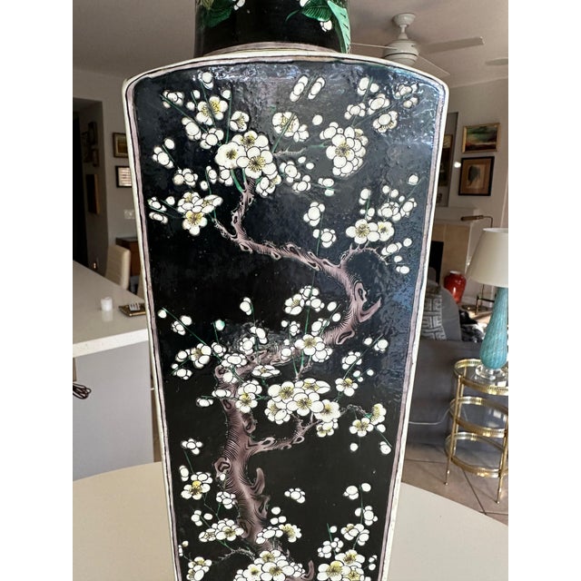 Ceramic Antique Chinese Famille Noire Porcelain Square Vase Table Lamp For Sale - Image 7 of 15