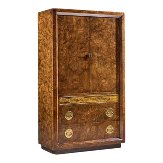 Bernhard Rohne for Mastercraft Mid Century Burlwood and Acid Etched Brass Armoire Dresser For Sale