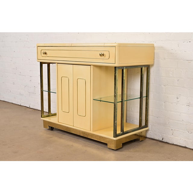 Mid-Century Modern Romweber Mid-Century Modern Hollywood Regency Cream Lacquered and Brass Flip Top Buffet Server or Bar Cart, Circa 1960s For Sale - Image 3 of 15