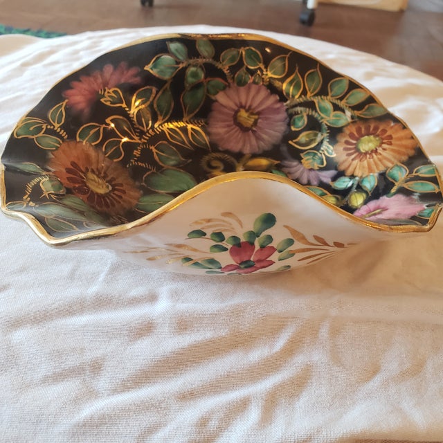 RARE Vtg H.BEQUET Queregnon Belgiuan Majollica. Ceramic Hand Painted Fruit Consol Bowl. Black background with gold lined...