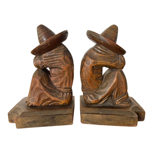 1960's Carved Wood Sleeping Señor and Señorita Bookends - A Pair For Sale