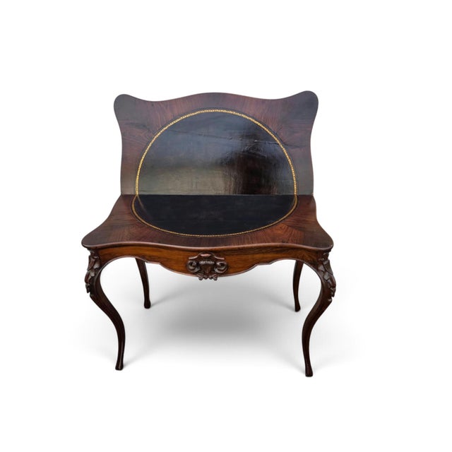 19th Century French Gabriel Legs Rosewood Inside Black Leather Game Table/Console Table. For Sale - Image 9 of 17