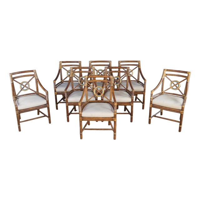 8 McGuire Mid Century Modern Boho Chic Bamboo Target Back Dining Chairs For Sale