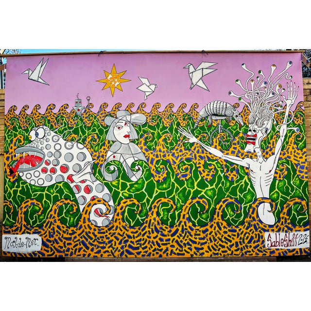 Monumental 10' x 8' original triptych by Sableshift, Mal De Mer (2026). A bold, surreal ocean scene with vibrant color and...