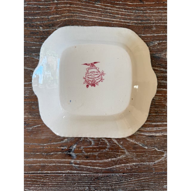 Antique W. Adams & Sons Red Transferware Cake Plate | Old English Rural Scenes | Square Handled Serving Plate England For Sale - Image 11 of 12