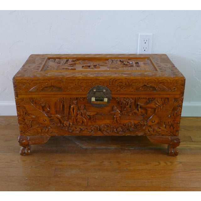 Antique Chinese Hand Carved Wood Chest Trunk For Sale - Image 4 of 11