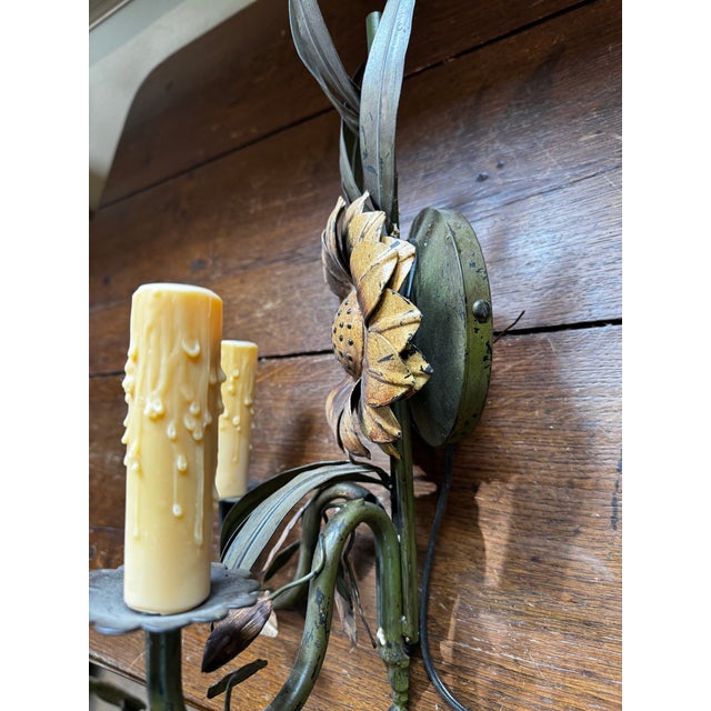 Vintage Tole Sunflower Sconces - a Pair For Sale - Image 10 of 10