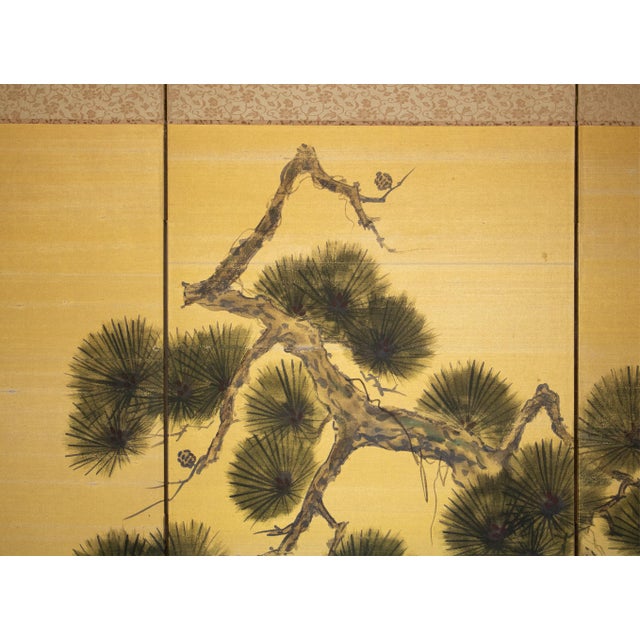 "Old Pine Tree", Pre-1964 Showa Era Japanese Painted Silk Byobu Screen For Sale - Image 12 of 17