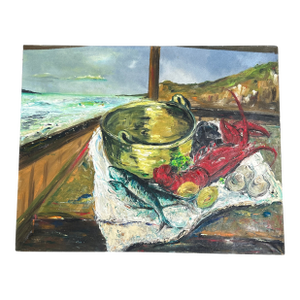 1950’s Original Modernist Still Life/Seascape Painting on Canvas “La Bouillabaise”