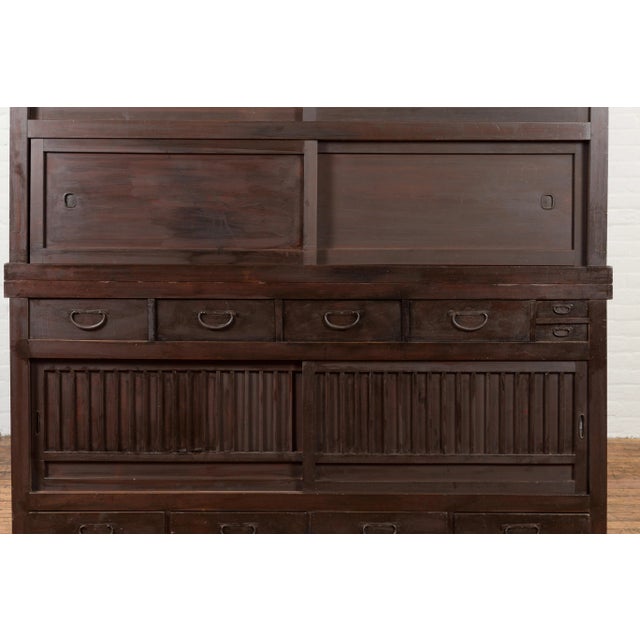 Chocolate Japanese Taishō Period Early 20th Century Kiri Wood Mizuya Dansu Kitchen Cabinet For Sale - Image 8 of 13