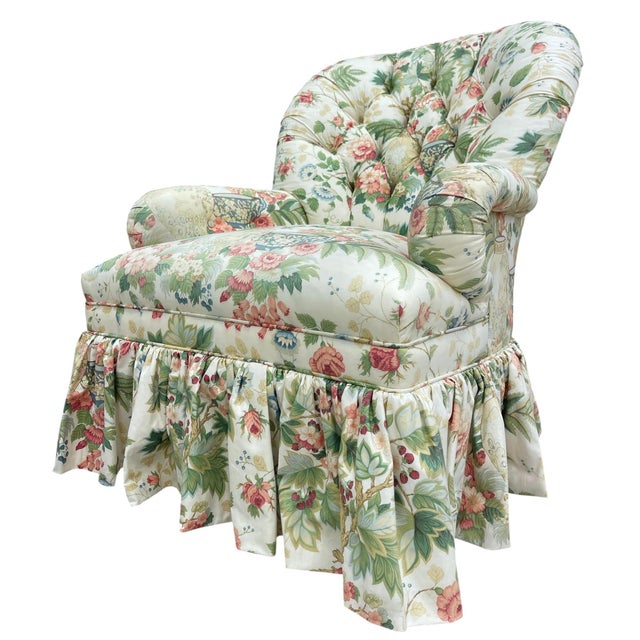 English Vintage Hickory Chair Tufted Lounge Chair on Casters in Botanical Print For Sale - Image 3 of 17