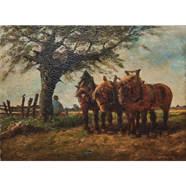 Western European Artist, Farmer with Horses Resting, Oil on Canvas, Framed For Sale - Image 6 of 7