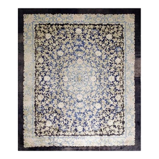 1920s Hand Knotted Allover Navy Blue Floral Antique Peking Chinese Carpet Rug For Sale