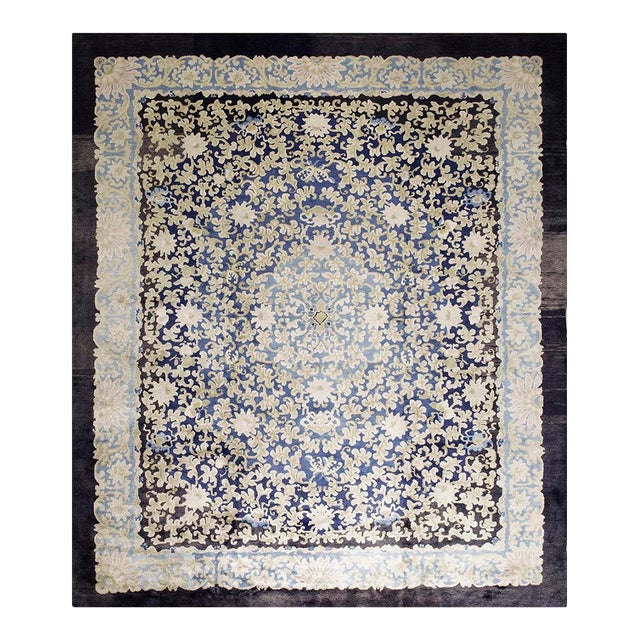 1920s Hand Knotted Allover Navy Blue Floral Antique Peking Chinese Carpet Rug For Sale