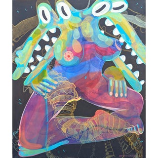 Cecilia Beaven Contemporary Abstract Green and Pink Biomorphic Double Alligator Figure Painting, 21st Century For Sale
