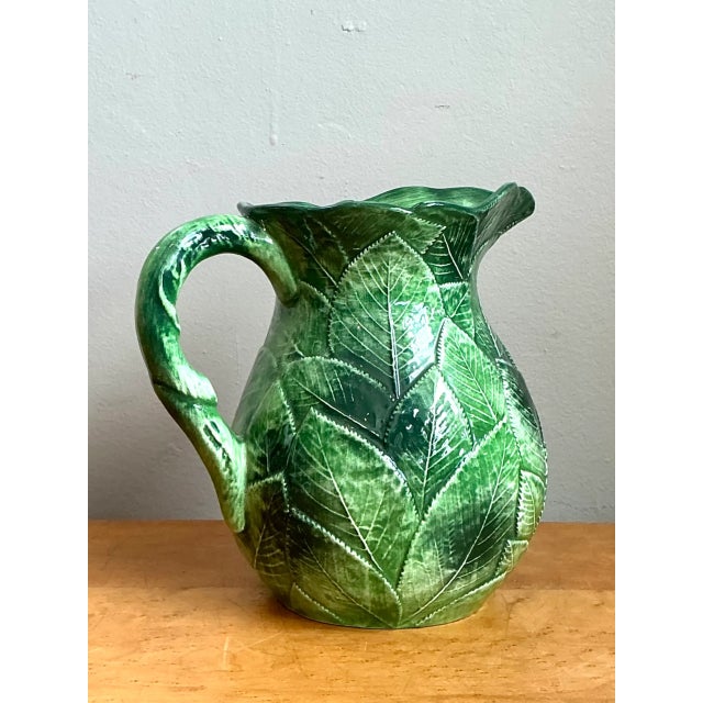 Ceramic Vintage Green Leaf Motif Ceramic Pitcher For Sale - Image 7 of 13
