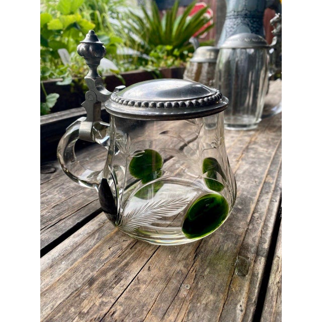 Abstract Antique German Jugendstil Glass Beer Stein With Green Applied Glass & Pewter Lid, Circa 1900 For Sale - Image 3 of 16