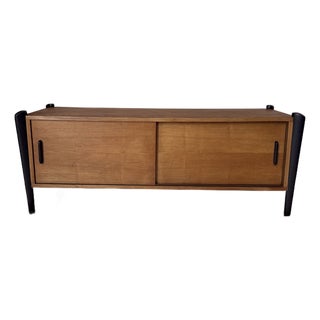 Vintage MCM Teak Media Cabinet/Console With “Exoskeleton” Legs and Sliding Doors For Sale