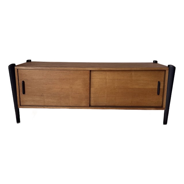 Vintage MCM Teak Media Cabinet/Console With “Exoskeleton” Legs and Sliding Doors For Sale