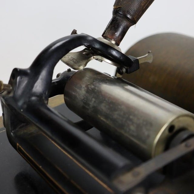 Antique Edison Home Oak Phonograph With Metal Horn Signed C1900 For Sale - Image 11 of 14