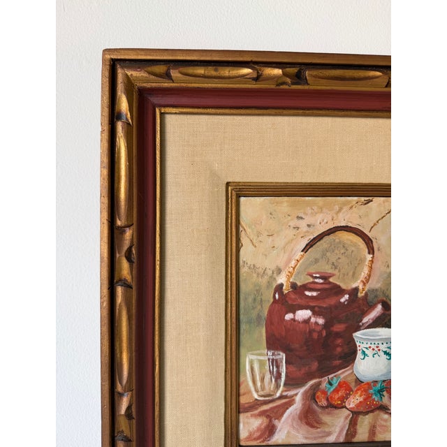 1970s Vintage Still Life Oil on Board Painting of Teapot, Strawberries & Mug – Framed For Sale - Image 4 of 11
