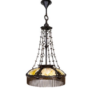 19th Century Art Nouveau Marble Glass & Bronze Pendant Chandelier With Chain Fringe For Sale