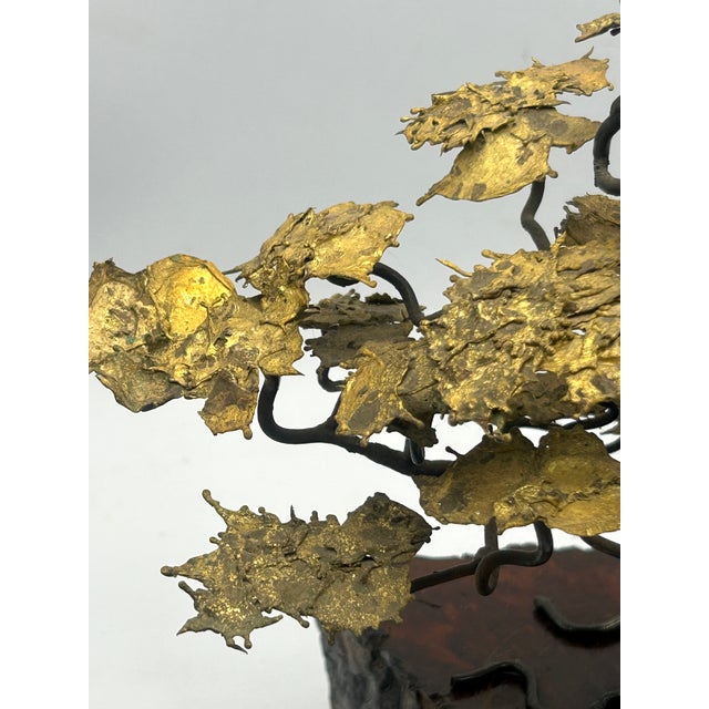 Mid-Century Brutalist Gilt Bronze Bonsai Tree Sculpture on Burl Wood Basee For Sale - Image 15 of 18