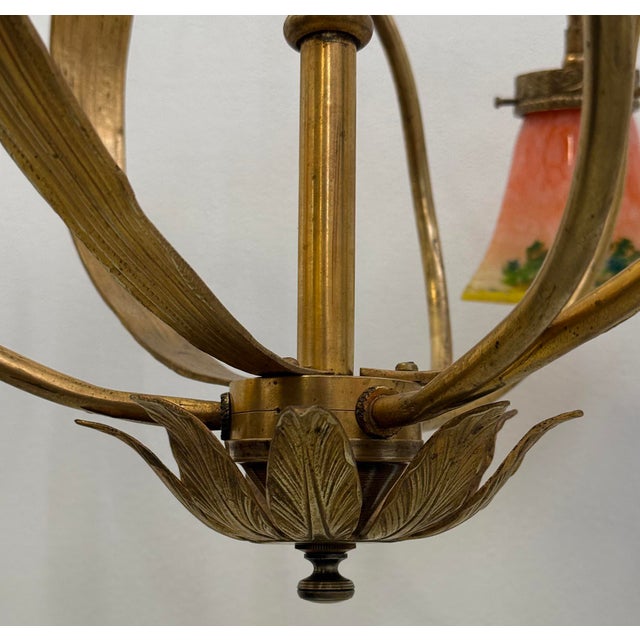 Art Nouveau Brass Chandelier with Glass Lampshades, 1910s For Sale - Image 4 of 9