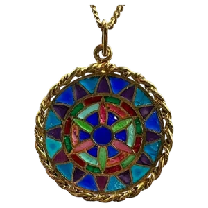 French 18 Karat Yellow Gold and Enamel Window Plique a Jour Pendant Medal, 1950s