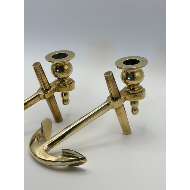 1970s Mid-Century Modern Solid Brass Anchor Candlesticks — A Pair For Sale - Image 5 of 9